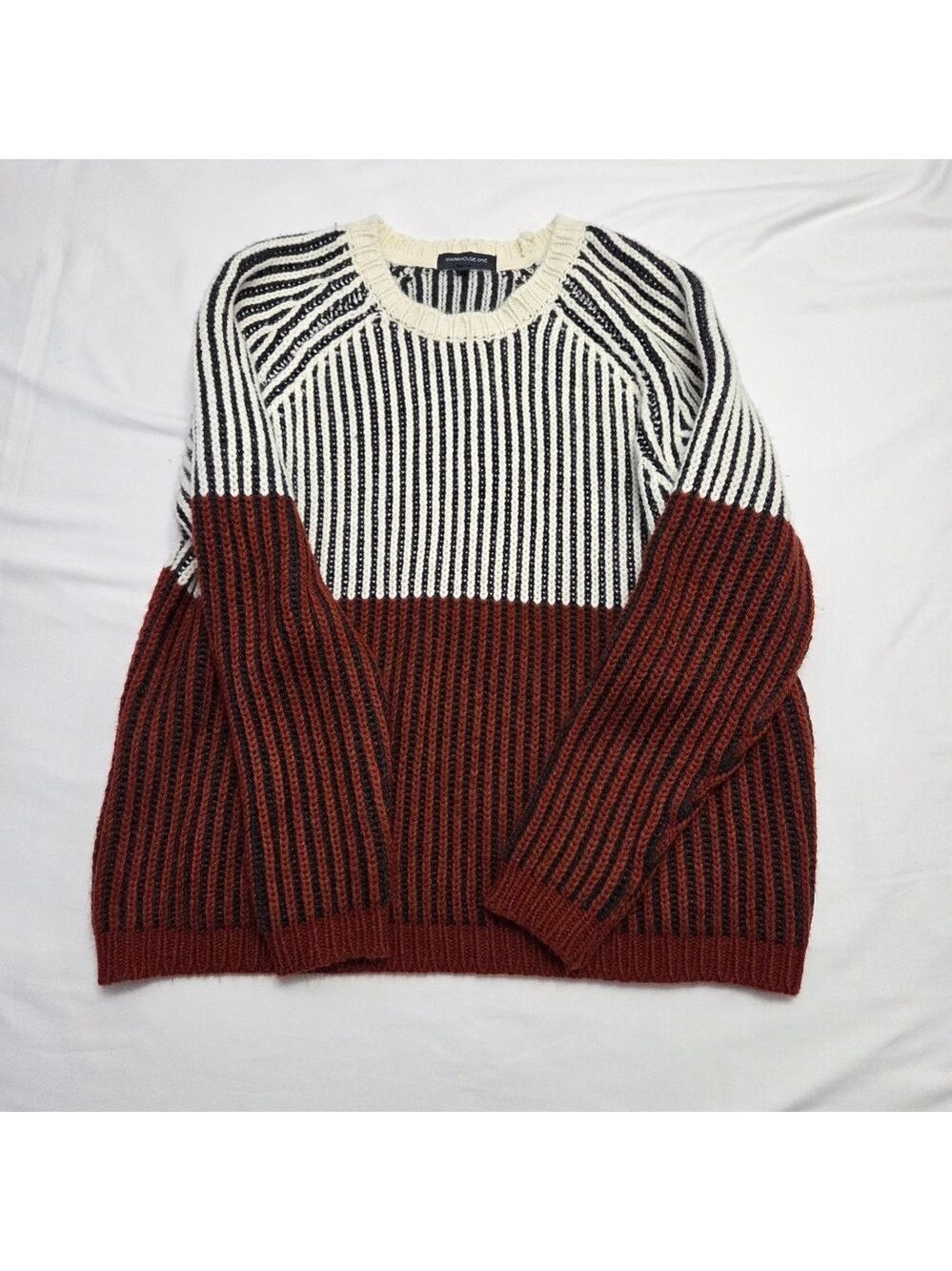 Chunky Knit Sweater Longsleeves Colorblock Striped Rust Cream Colour